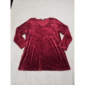 Pure Jill Shirt Womens Large Petite Crushed Velvet Velour Tunic Maroon Vneck
